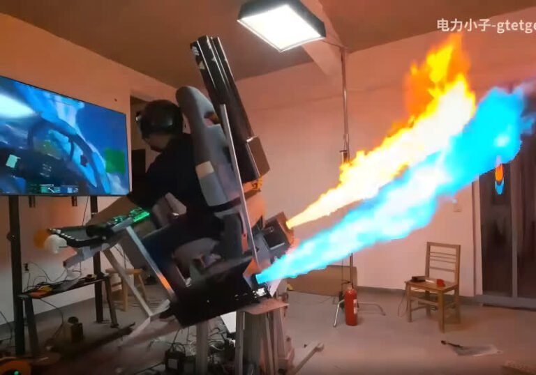 This incredible DIY flight sim cockpit features flaming afterburners, a pneumatic cannon, and firework rockets This incredible DIY flight sim cockpit features flaming afterburners, a pneumatic cannon, and firework rockets