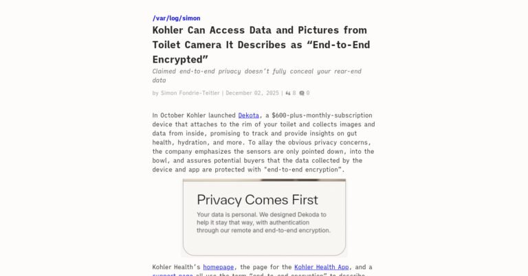 Kohler Can Access Pictures from “End-to-End Encrypted” Toilet Camera